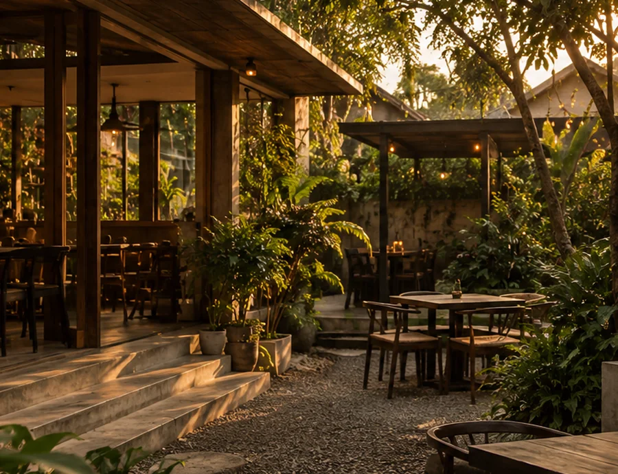 Ilustrasi area tempat duduk di tengah tanaman